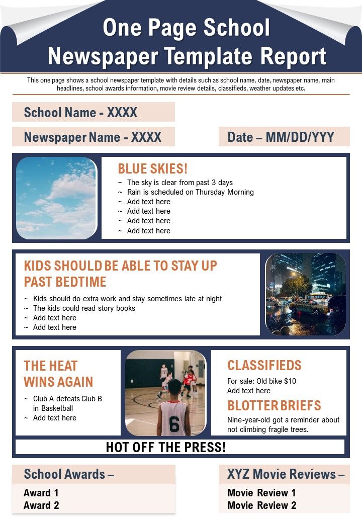 One Page School Newspaper Template Report Presentation Report Infographic Ppt Pdf Document Presentation Graphics Presentation Powerpoint Example Slide Templates