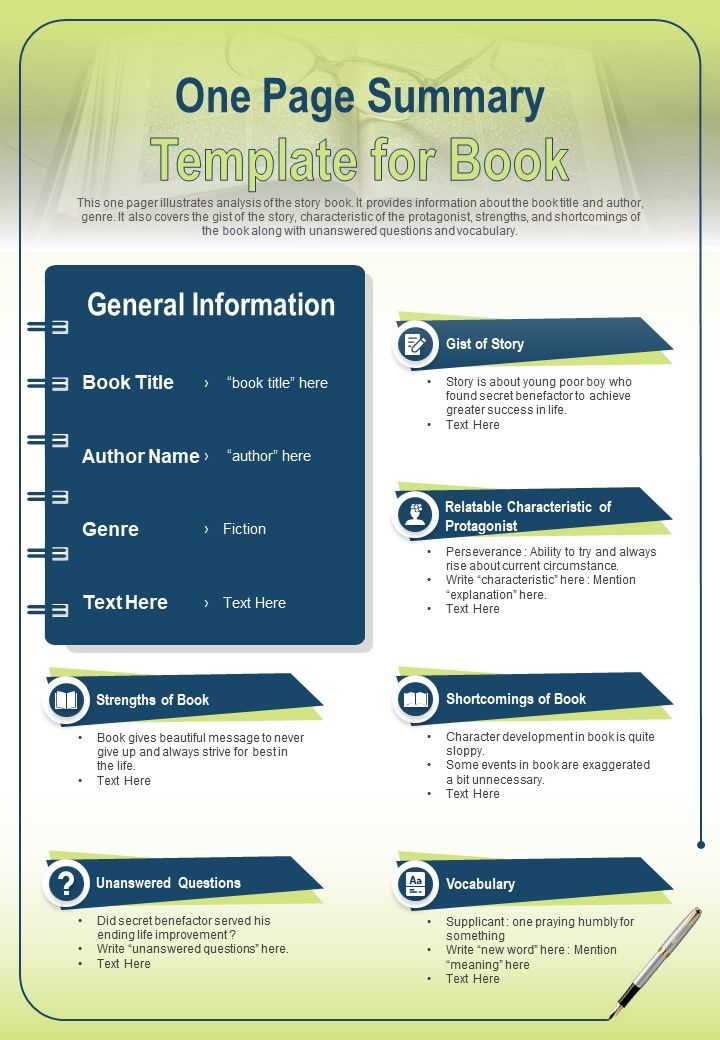 One Page Summary Template For Book Presentation Report Infographic PPT
