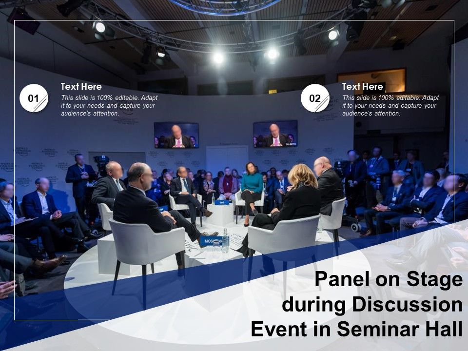 Panel On Stage During Discussion Event In Seminar Hall PowerPoint