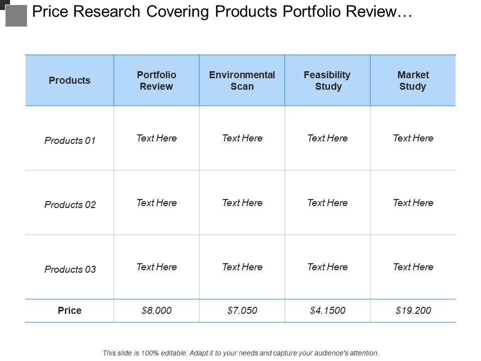 price research covering products portfolio review and market research portfolio template