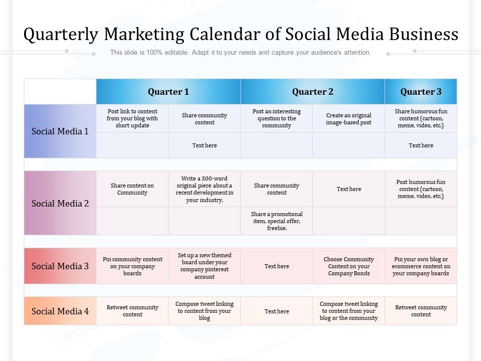 Quarterly Marketing Calendar Of Social Media Business Presentation Graphics Presentation Powerpoint Example Slide Templates