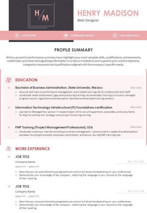 Sample Resume Template For Web Designer With Profile Summary Powerpoint Slide Images Ppt Design Templates Presentation Visual Aids,Trending T Shirt Designs