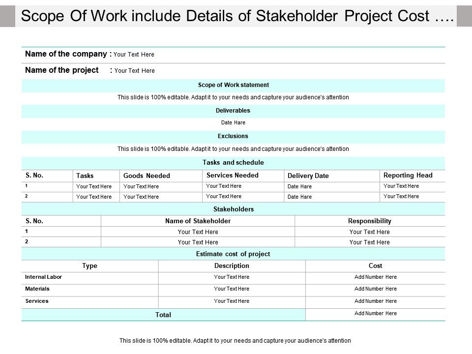 scope of work include details of stakeholder project cost work estimation template