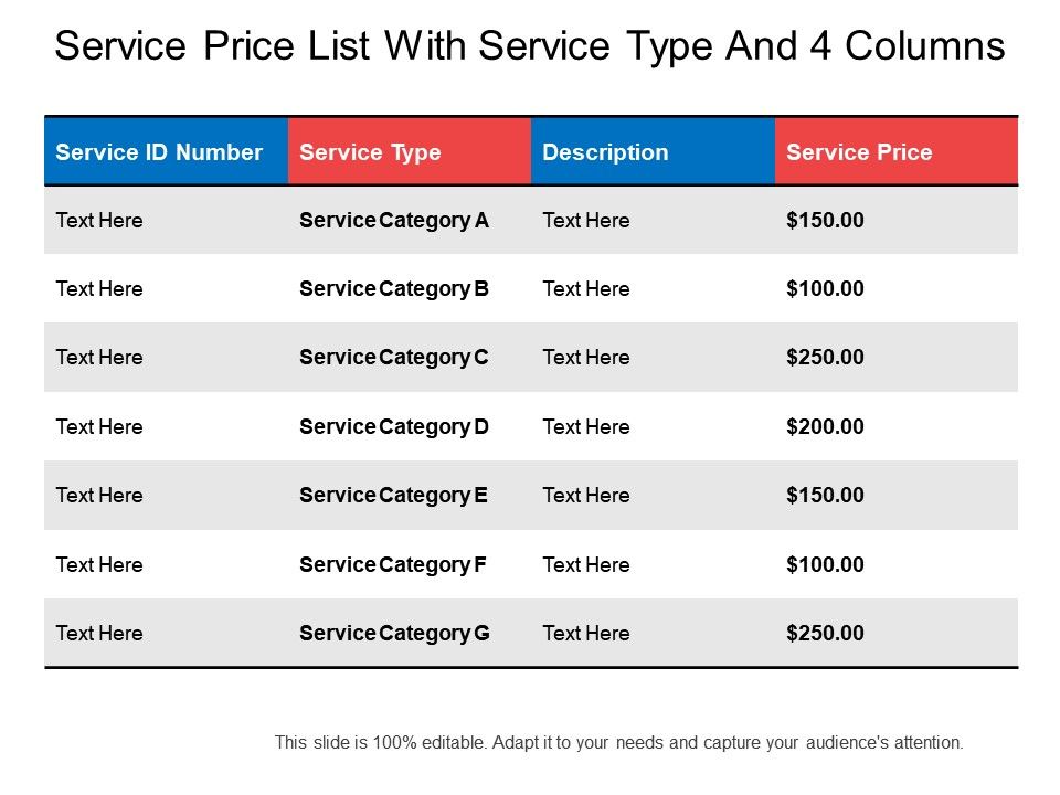service price list with service type and 4 columns service price list