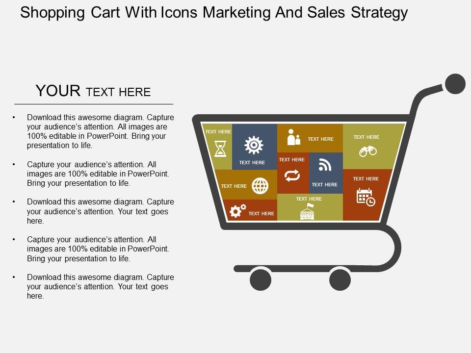 Shopping Cart With Icons Marketing And Sales Strategy Flat Powerpoint