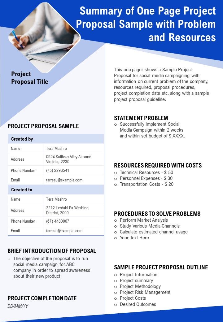 Summary Of One Page Project Proposal Sample With Problem And Resources