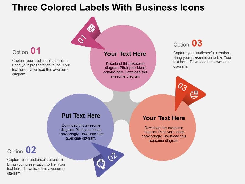 Three Colored Labels With Business Icons Flat Powerpoint Design