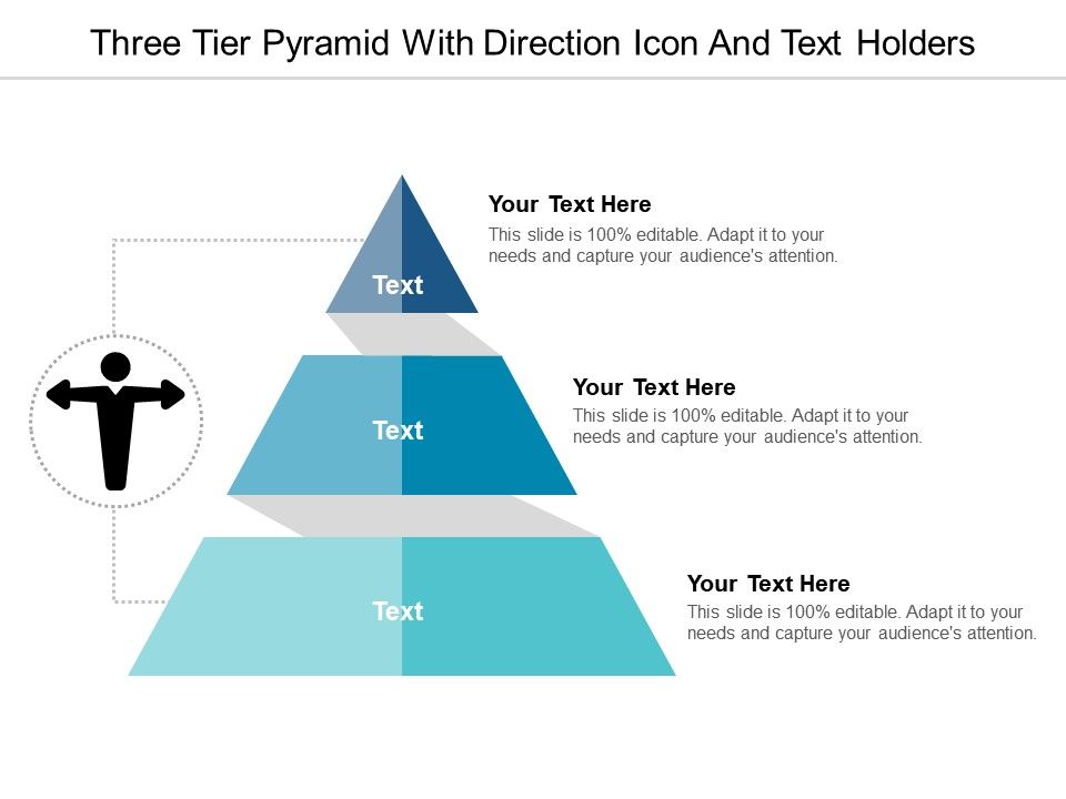 Three Tier Pyramid With Direction Icon And Text Holders PowerPoint