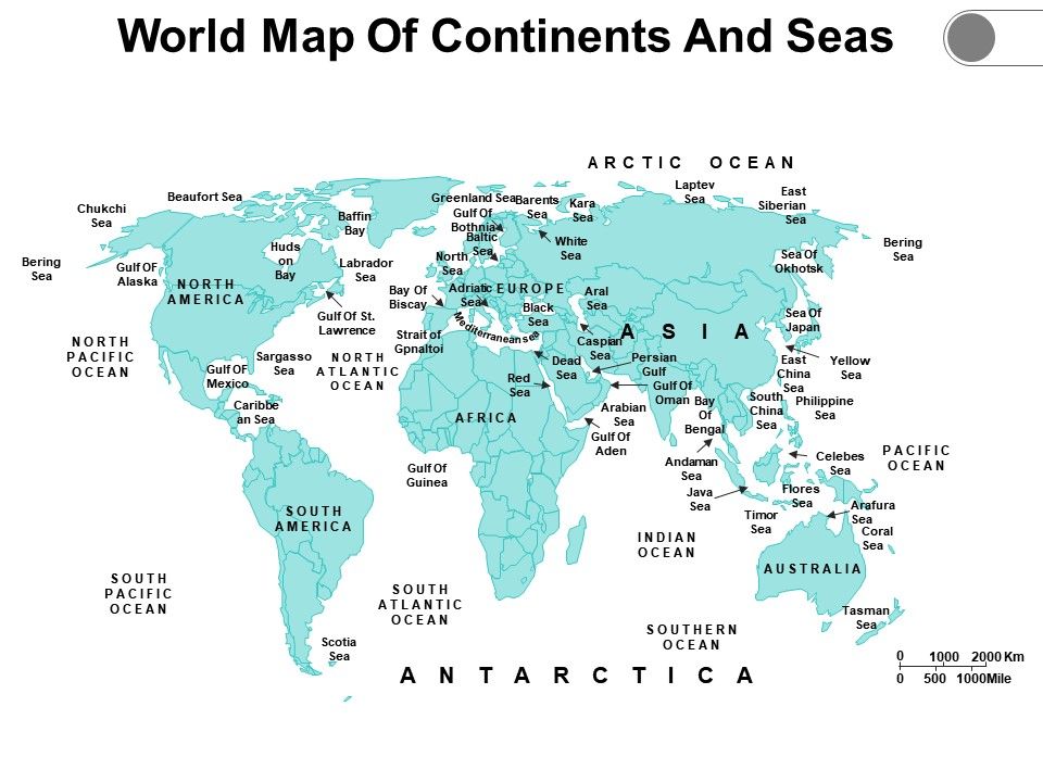 World Map Of Continents And Seas Powerpoint Slide Templates