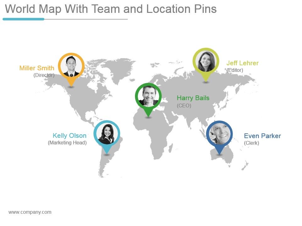 World Map With Team And Location Pins Powerpoint Themes