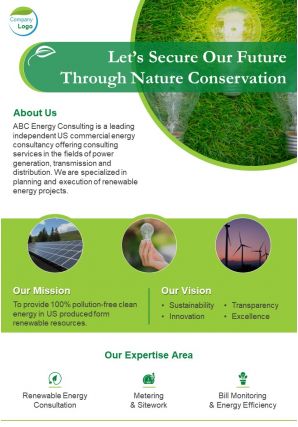 One page green energy consultant brochure template