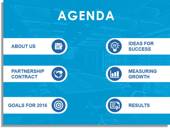 Slide de agenda com ícones para apresentação de negócios corporativos