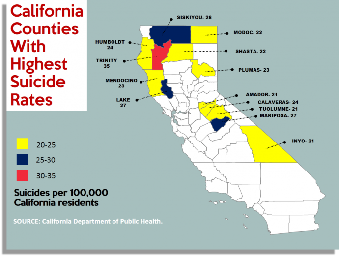 Suicides rate in California Counties Shown on PowerPoint Map