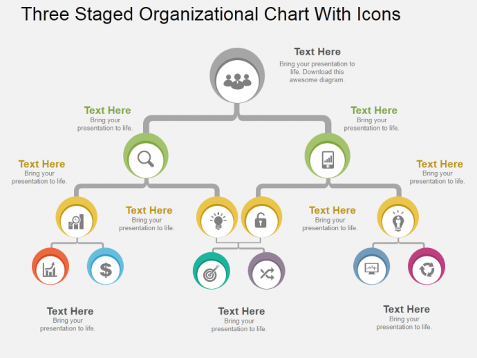 Three staged organizational chart with icons flat PowerPoint design