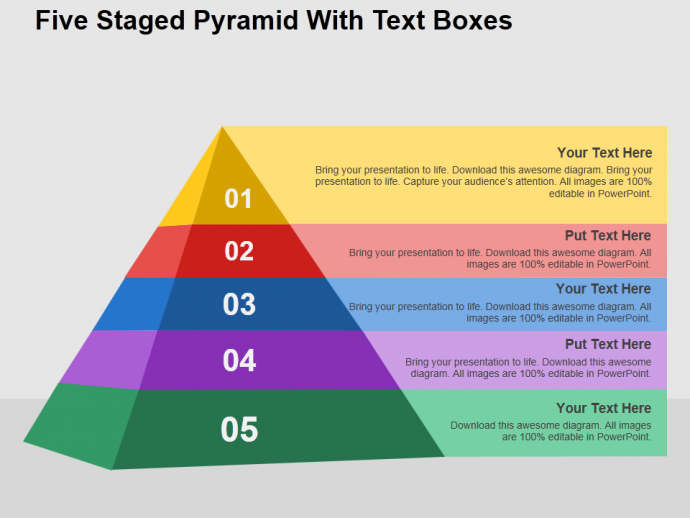 Five staged pyramid with text boxes flat powerpoint design