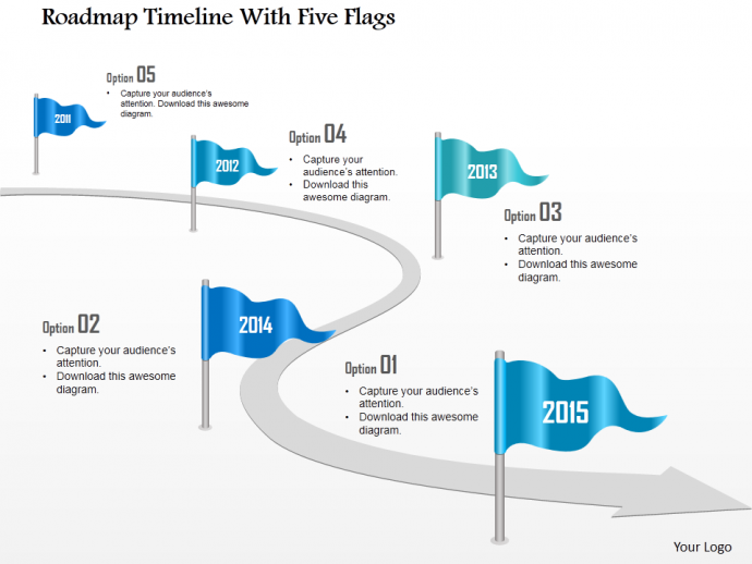 Roadmap timeline with five flags powerpoint template