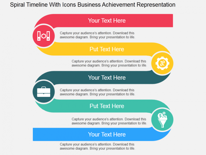 Spiral timeline with icons for business achievement representation- flat powerpoint design