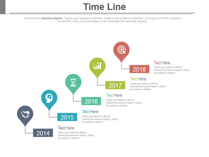 Linear sequential timeline with year based and icons powerpoint slides