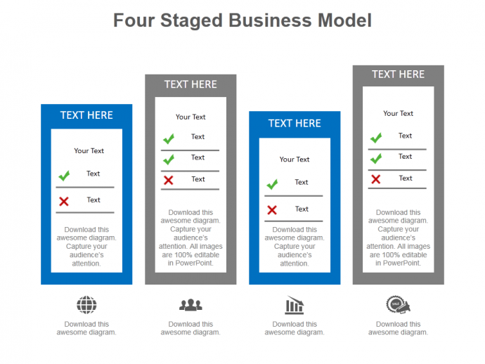 Four staged business model diagram with checklist powerpoint slides