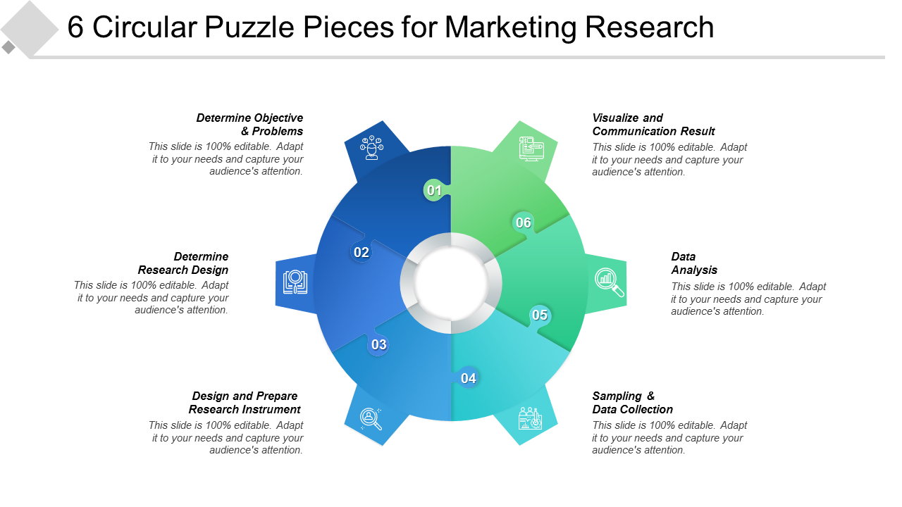 Six Circular Puzzle Pieces for Marketing Research PPT Design