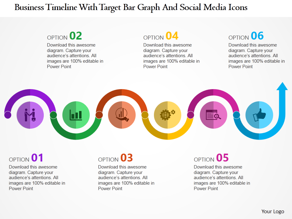 Business Timeline With Target Bar Graph And Social Media Icons Flat Powerpoint Design