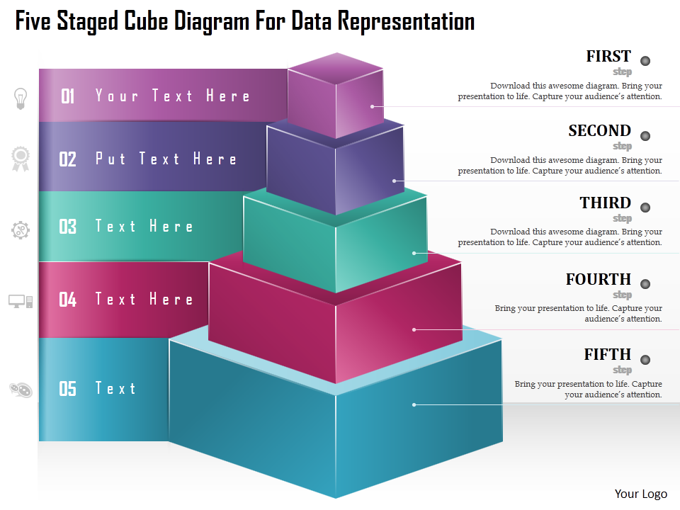 Five Staged Cube Diagram For Data Representation PowerPoint Template