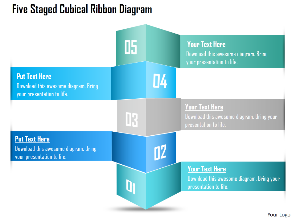 Five Staged Cubical Ribbon Diagram PowerPoint Template