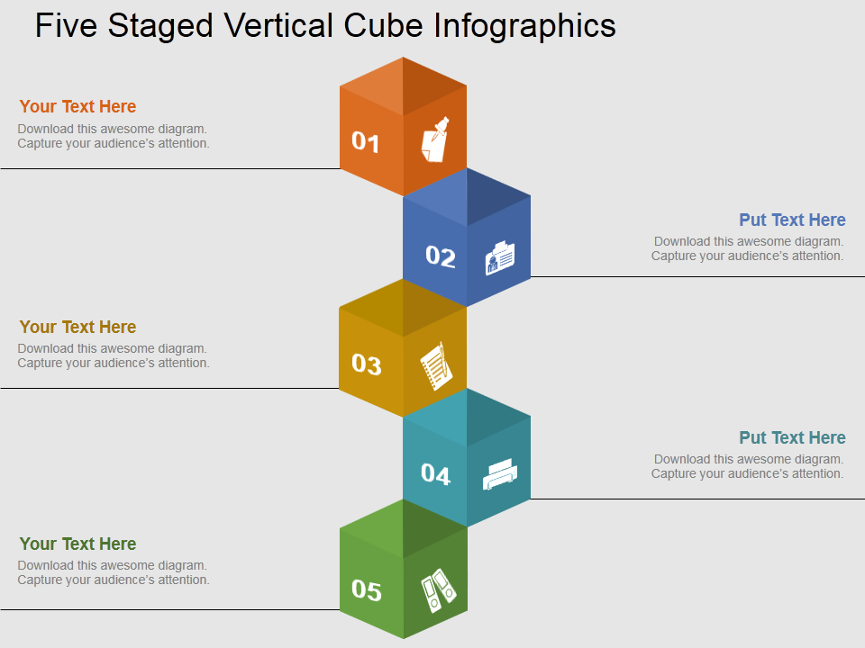 Five Staged Vertical Cube Infographics Flat PowerPoint Design