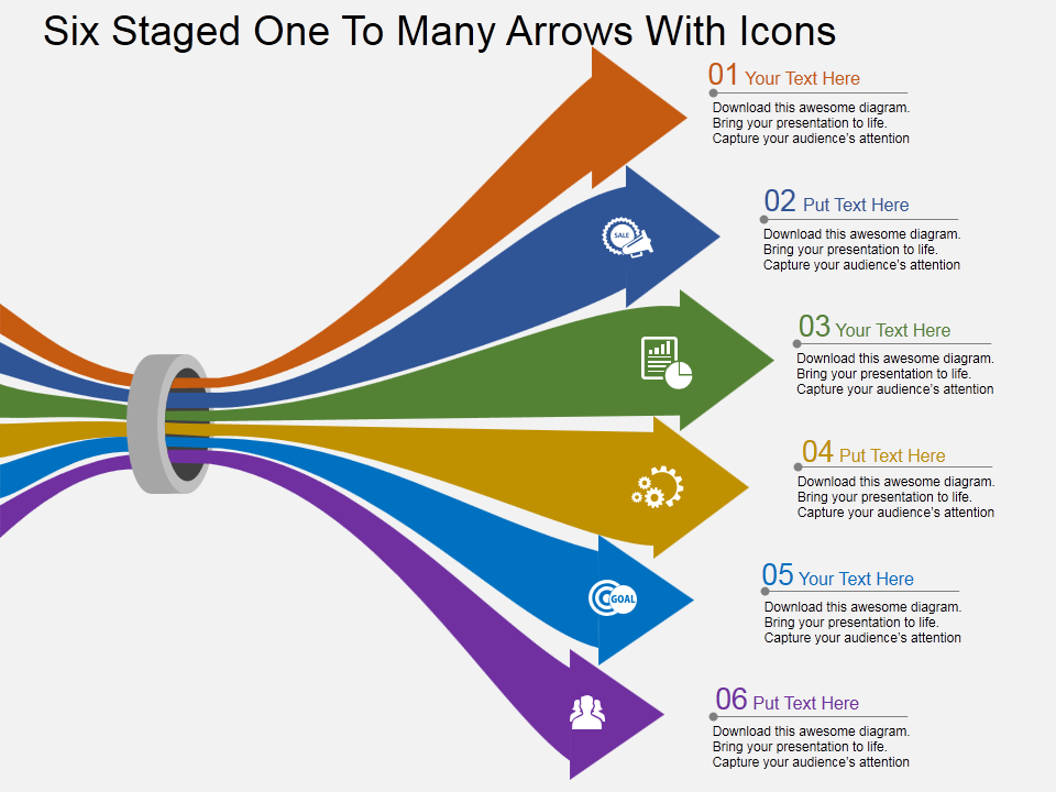 Six Staged One To Many Arrows With Icons Flat PowerPoint Design