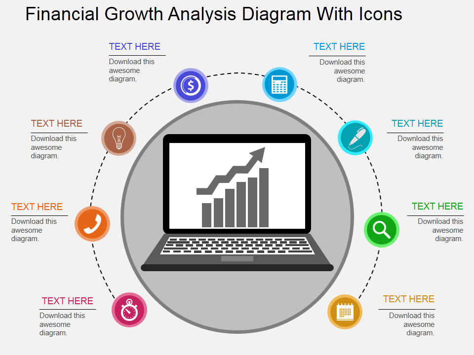 Financial growth analysis diagram with icons flat PowerPoint design