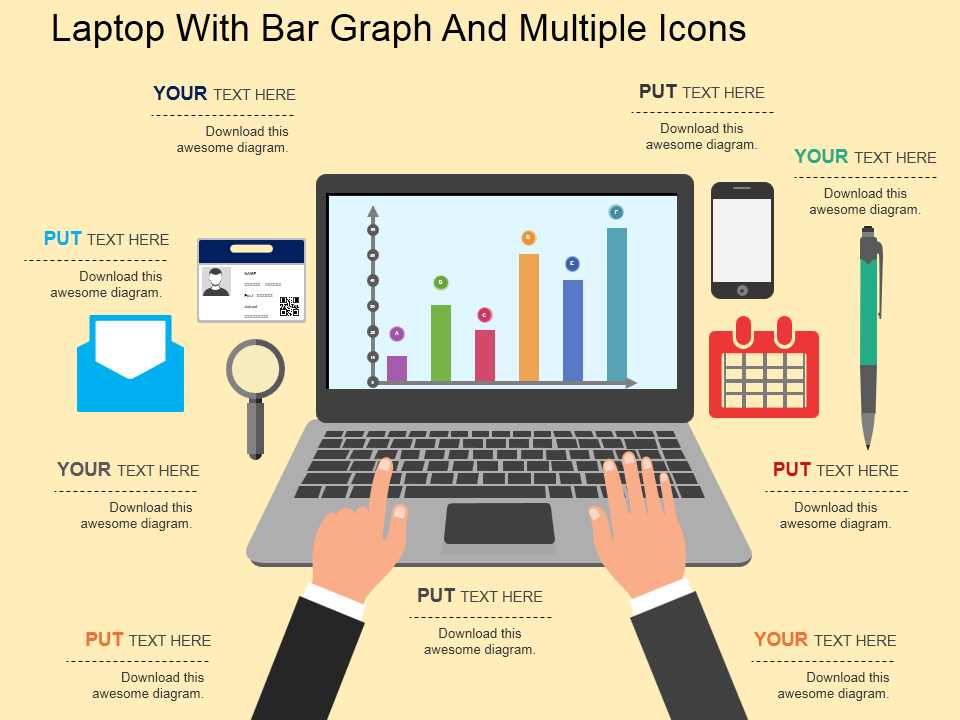 Laptop with bar graph and multiple icons flat PowerPoint design