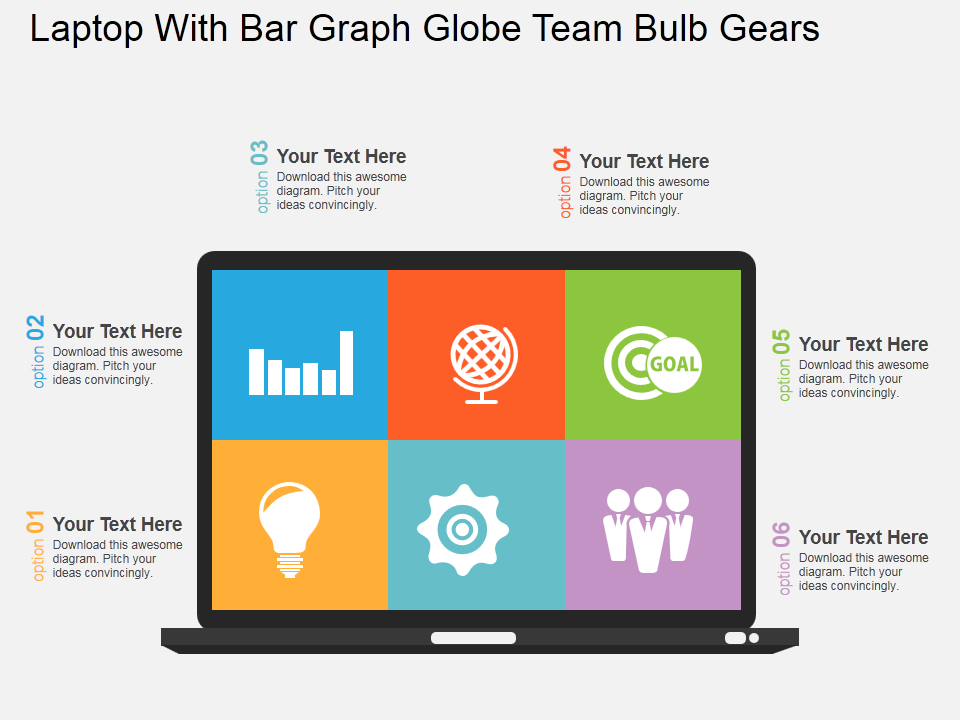 Laptop with bar graph globe team bulb gears flat PowerPoint design