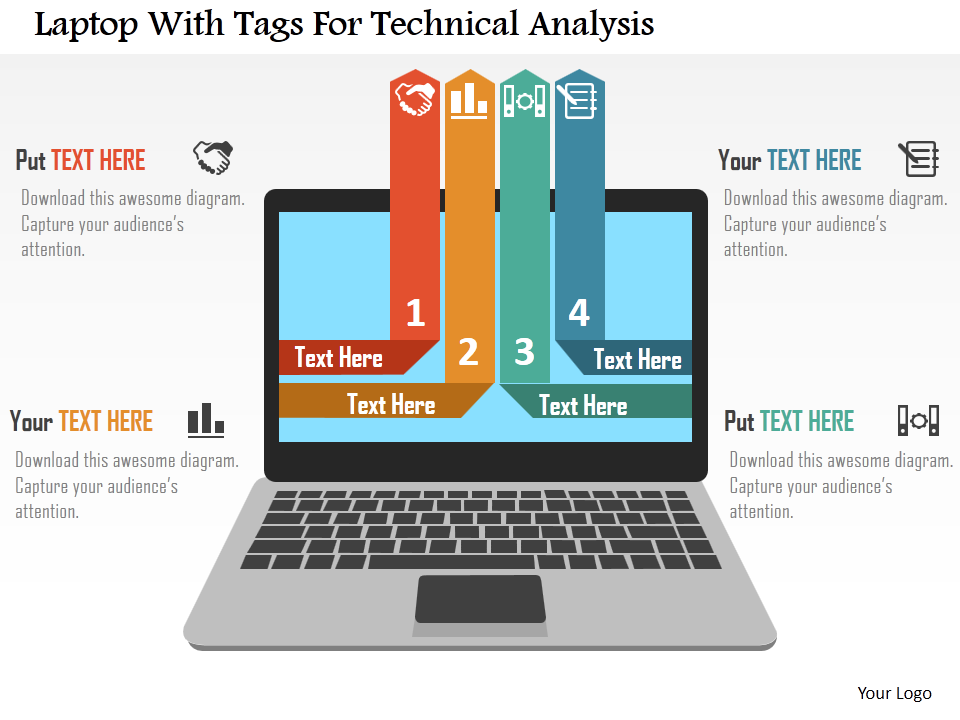 Laptop with tags for technical analysis flat PowerPoint design