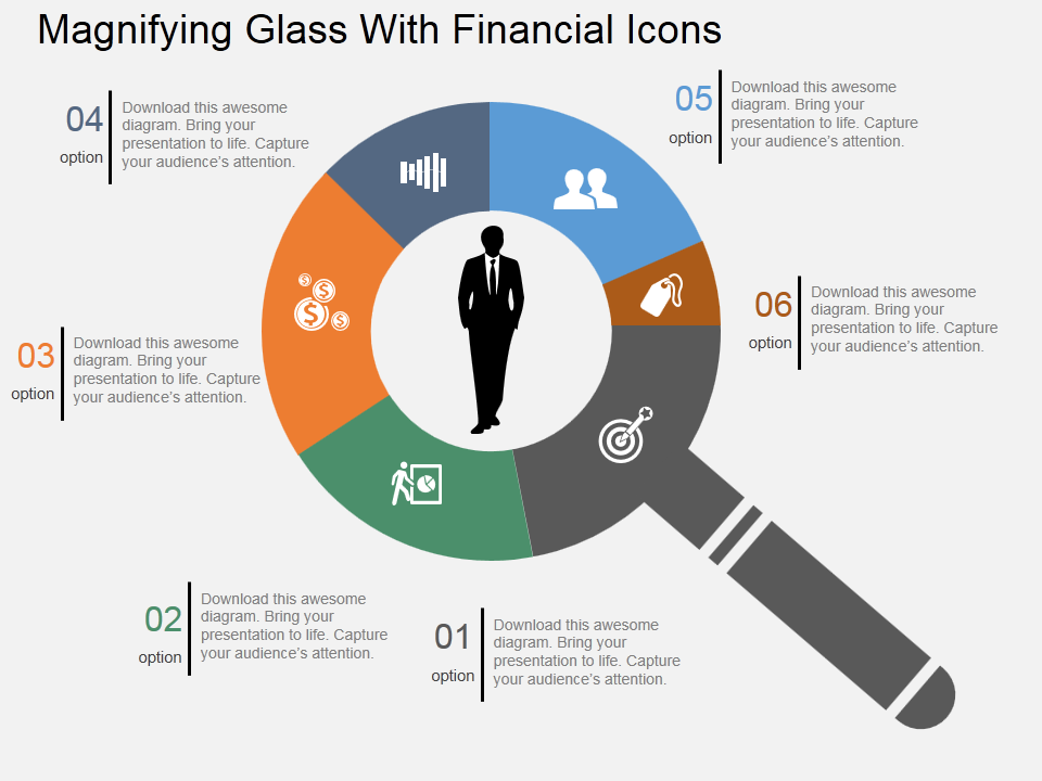 Magnifying glass with financial icons flat PowerPoint design