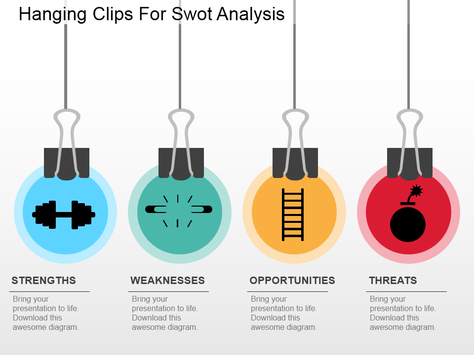Hanging clips for swot analysis flat PowerPoint design