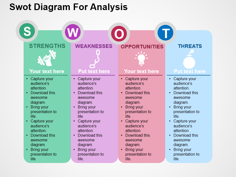 SWOT diagram for analysis flat PowerPoint design