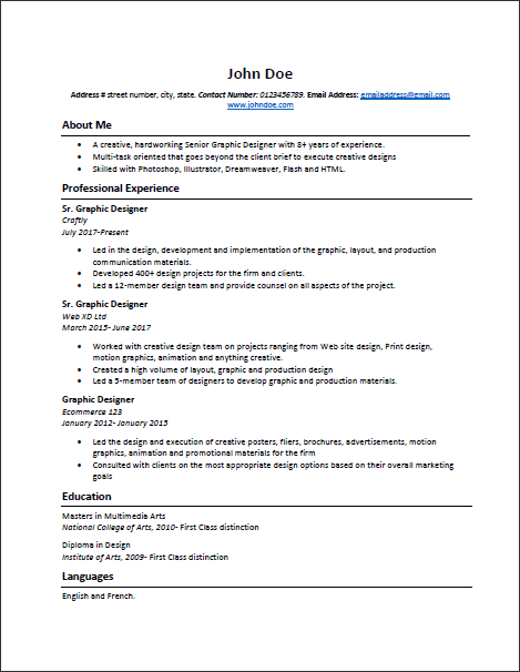 Word document resume of a Graphic Designer