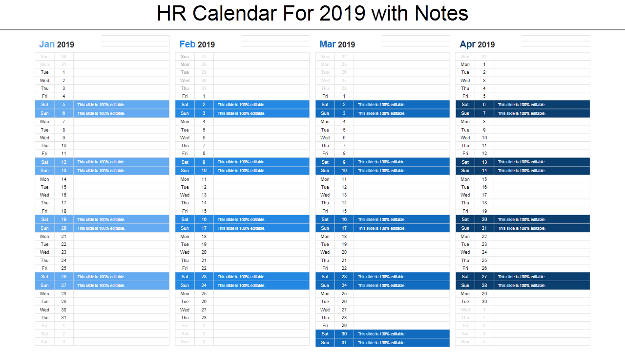 HR Calendar For 2019 with Notes