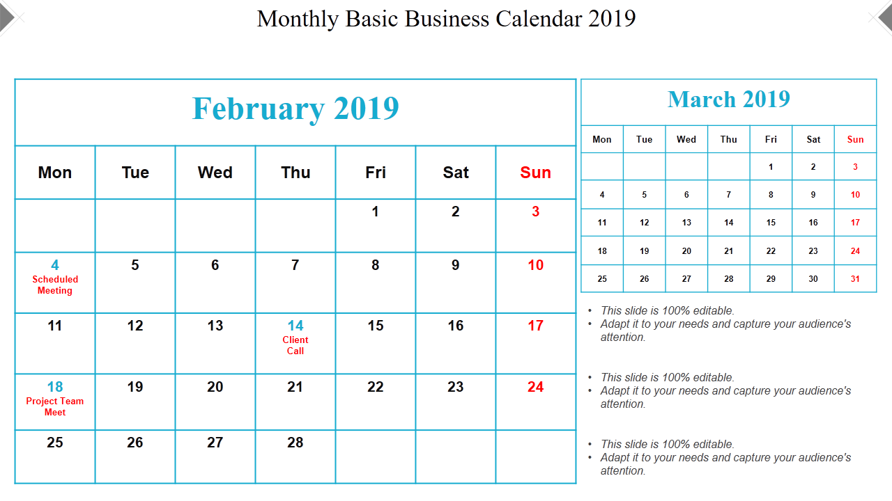 Monthly Basic Business Calendar 2019