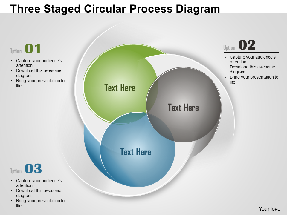 Three staged circular process diagram PowerPoint template