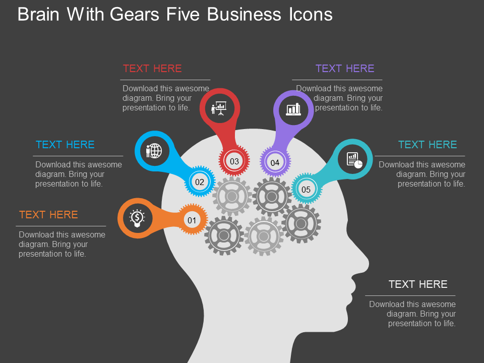 Brain With Gears Five Business Icons Flat PowerPoint Design