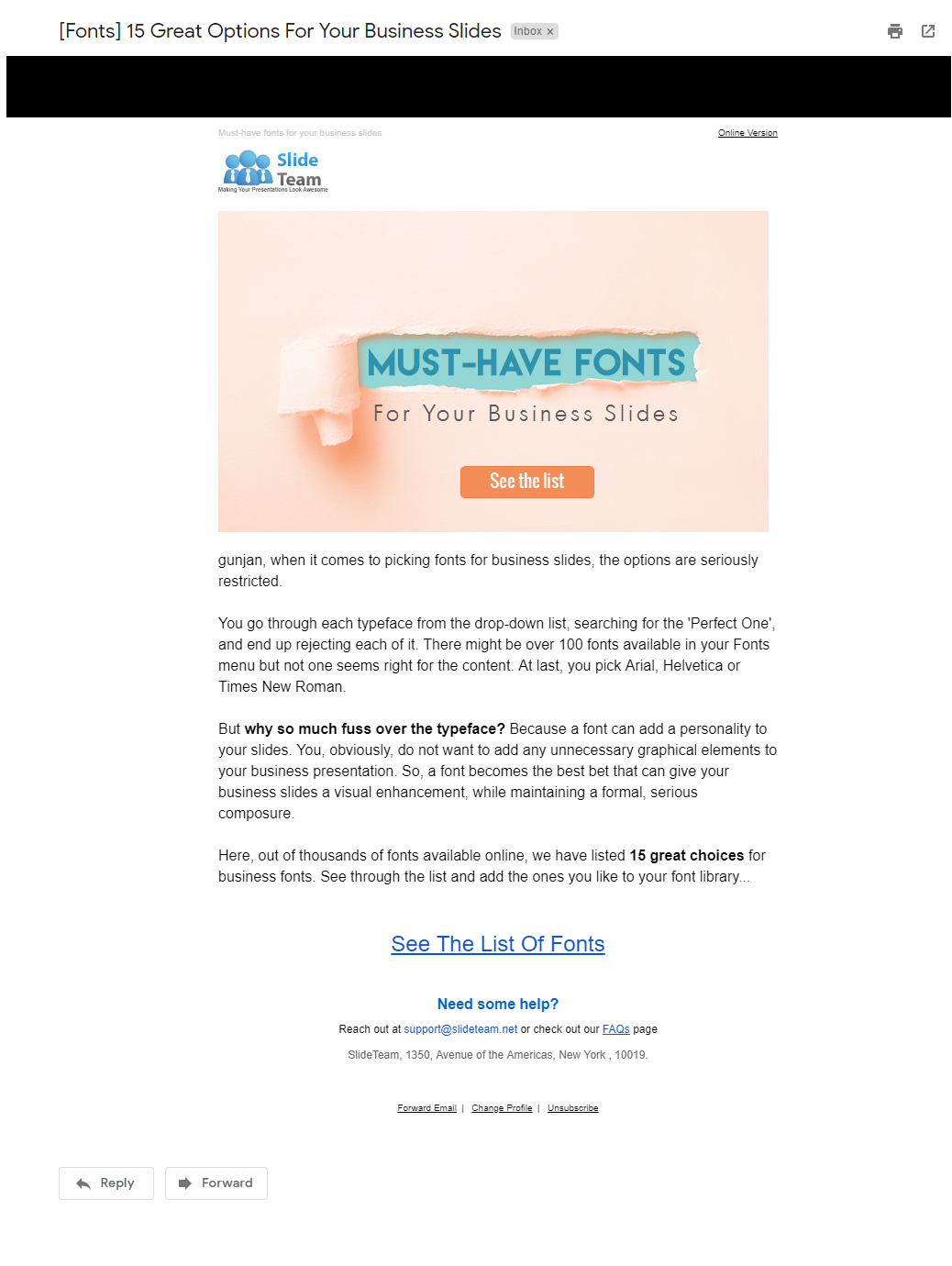 Innovative Newsletter sent by SlideTeam on Fonts 