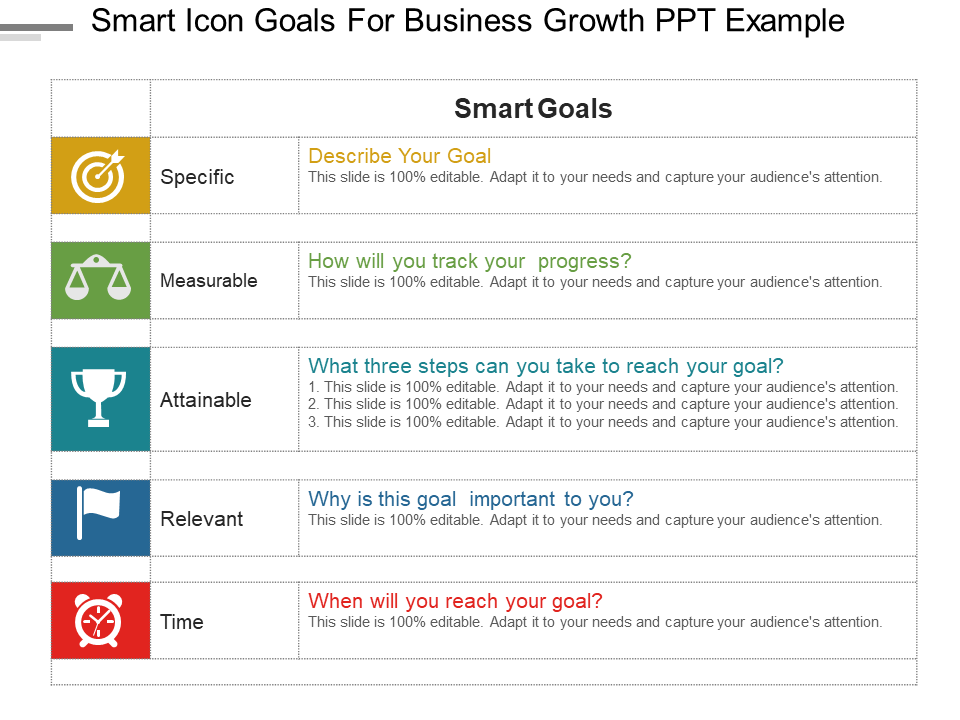 SMART Goals for Business Growth PowerPoint Slide