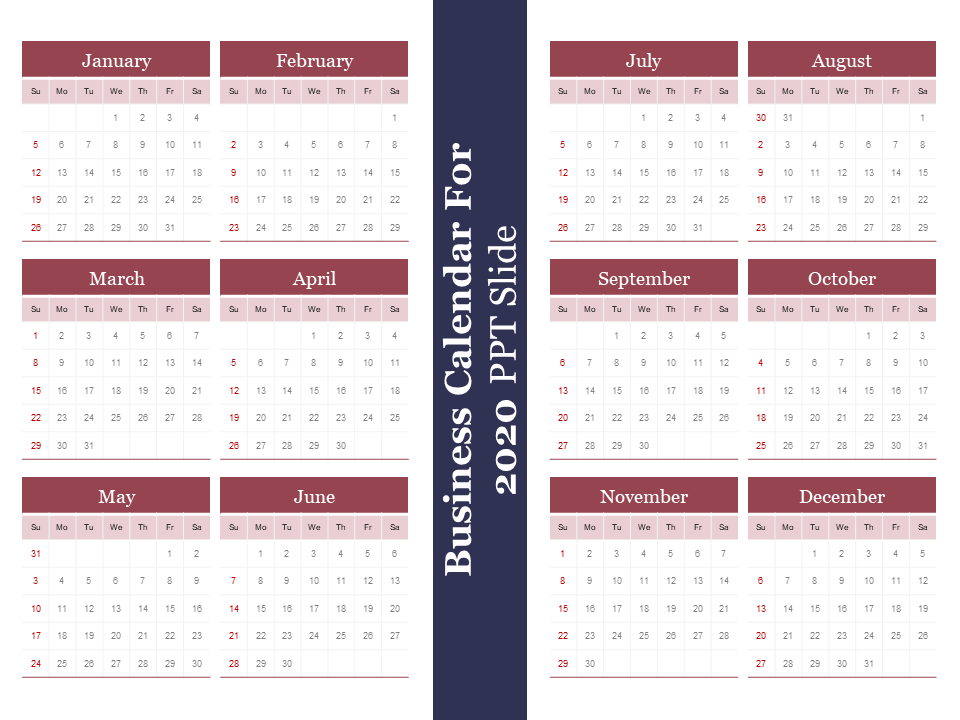 Business Calendar For 2020 PPT Slide