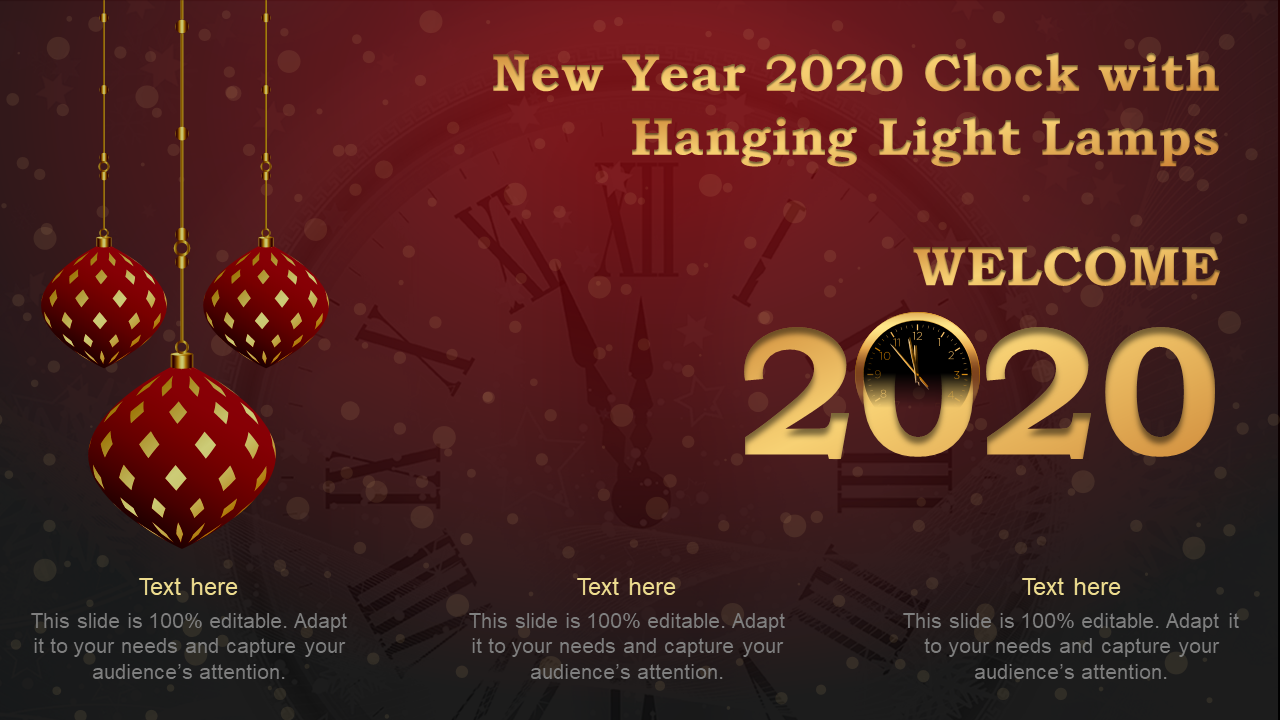 New Year 2020 Clock With Hanging Light Lamps PPT Ideas