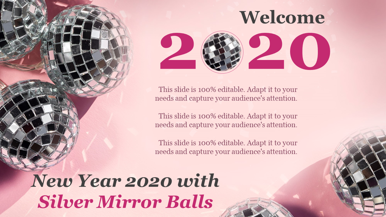 New Year 2020 With Silver Mirror Balls PPT Styles