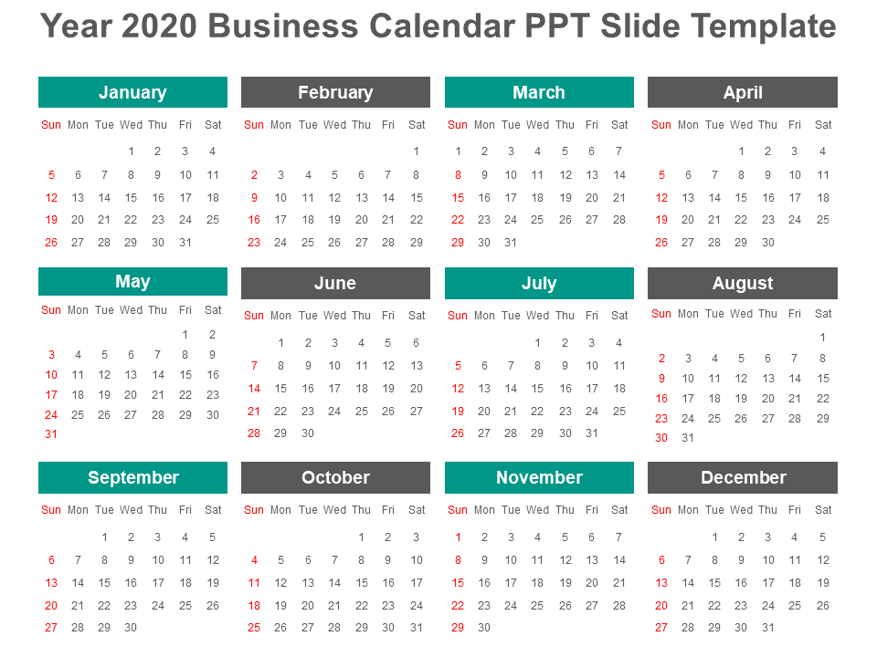 Year 2020 Business Calendar PPT Slide Template