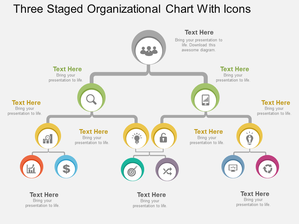 cs Three Staged Organizational Chart With Icons Flat PowerPoint Design