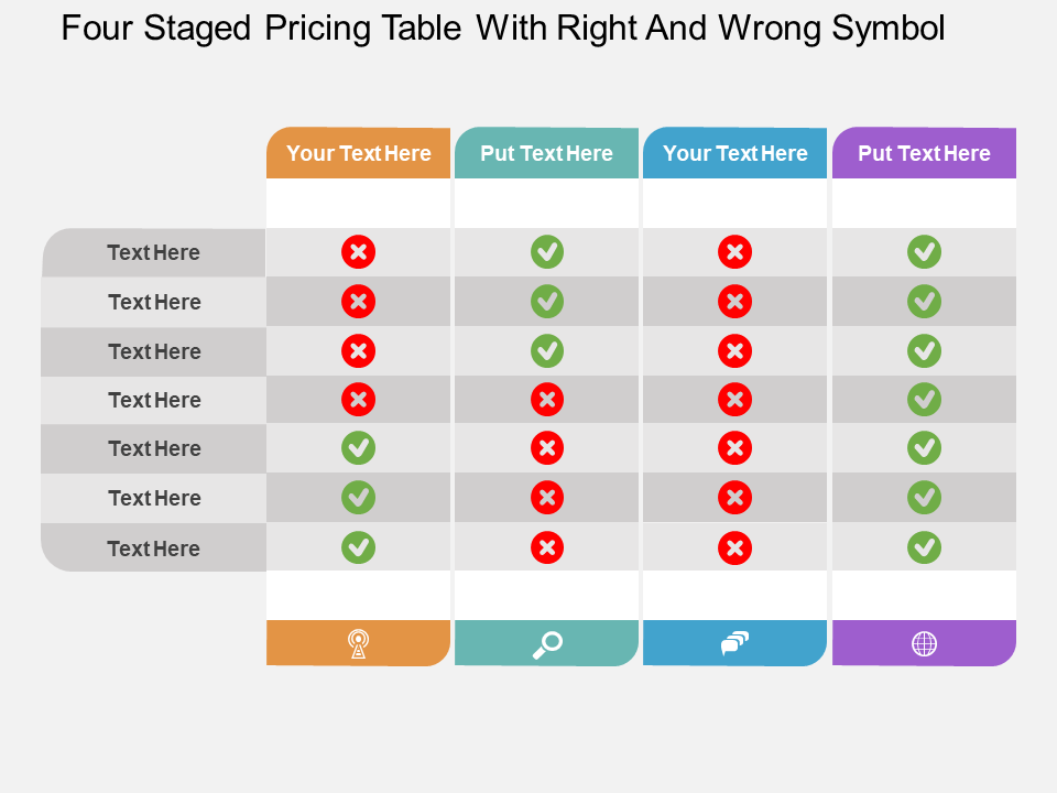 Four Staged Pricing Table With Right And Wrong Symbol Flat PowerPoint Design