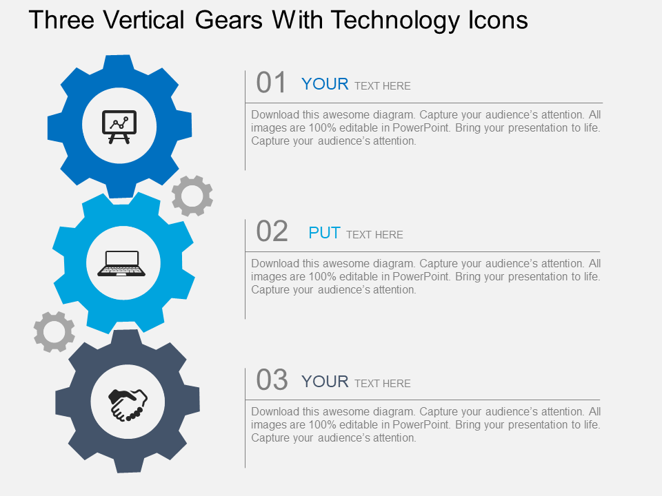 Three Verical Gears With Technology Icons PPT Template